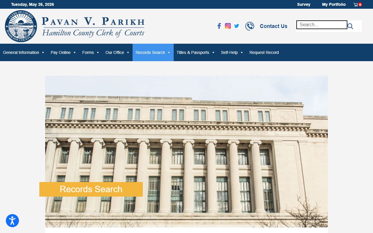 Hamilton County Court records search landing page at the Clerk of Courts