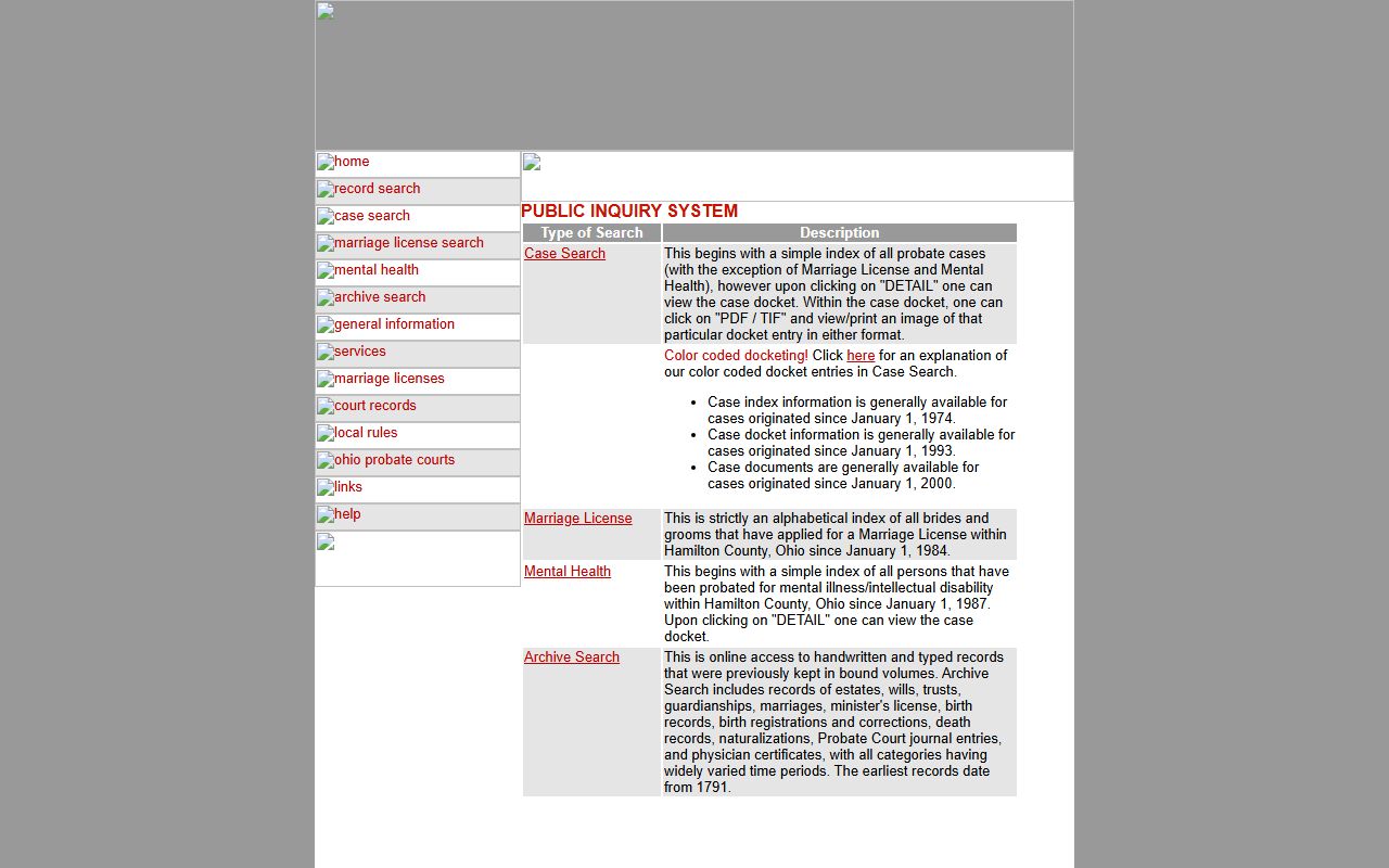 Hamilton County Probate Court public inquiry system for marriage and estate records