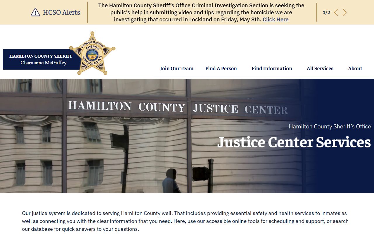 Hamilton County Sheriff Justice Center services page for inmate and jail records