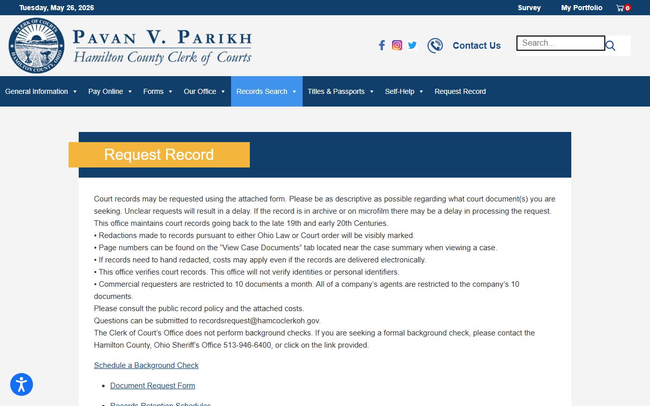 Hamilton County Clerk of Courts records request page showing copy fees and public-records policy