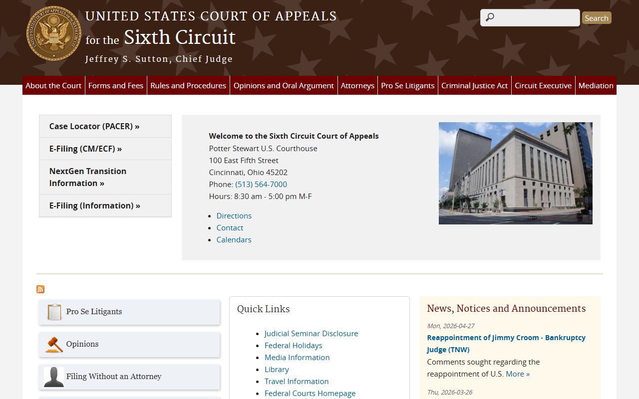 U.S. Court of Appeals Sixth Circuit official site for federal Hamilton County court dockets