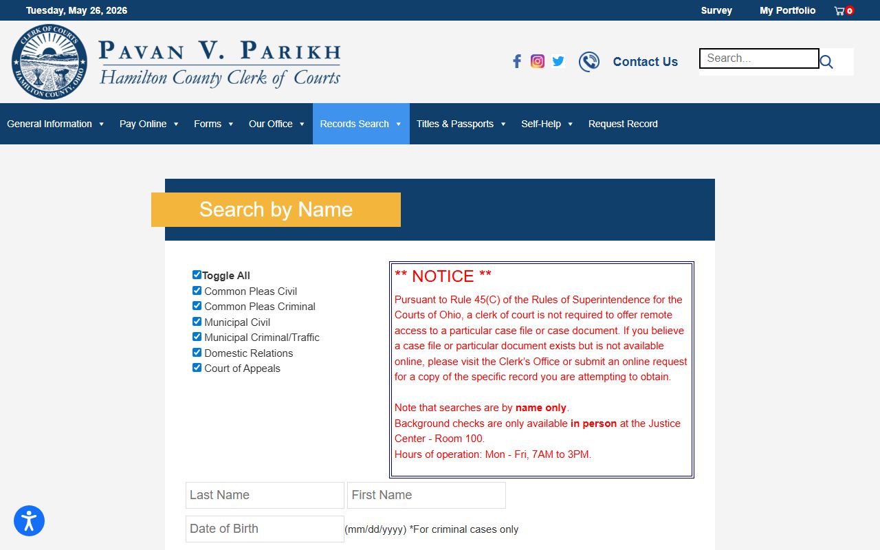 Hamilton County court records Clerk Search by Name portal showing court category toggles and search fields