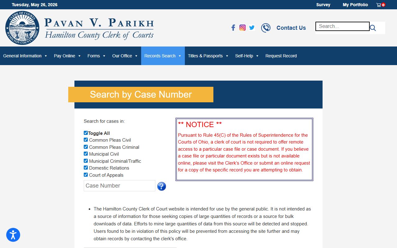 Hamilton County court records Search by Case Number page with court category toggles and case number field