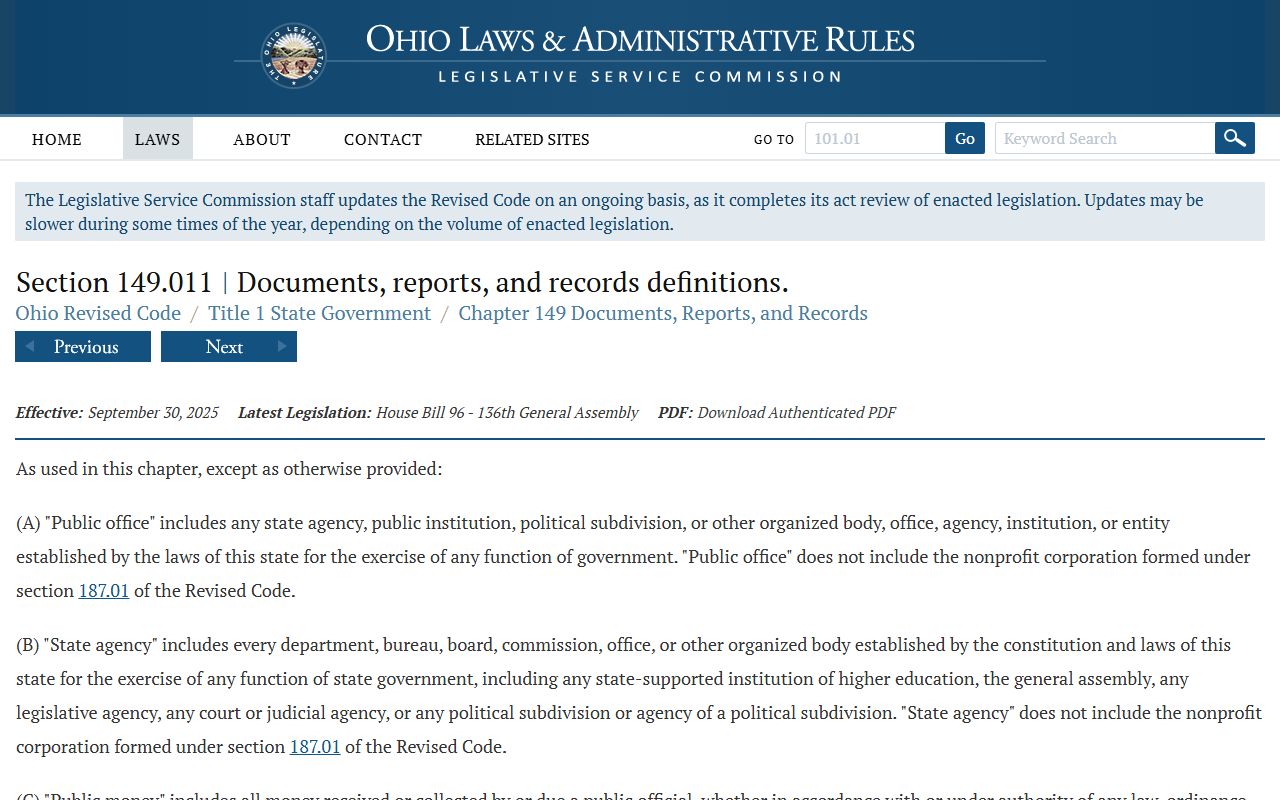 Ohio public record definition statute page at codes.ohio.gov relevant to Hamilton County court records access