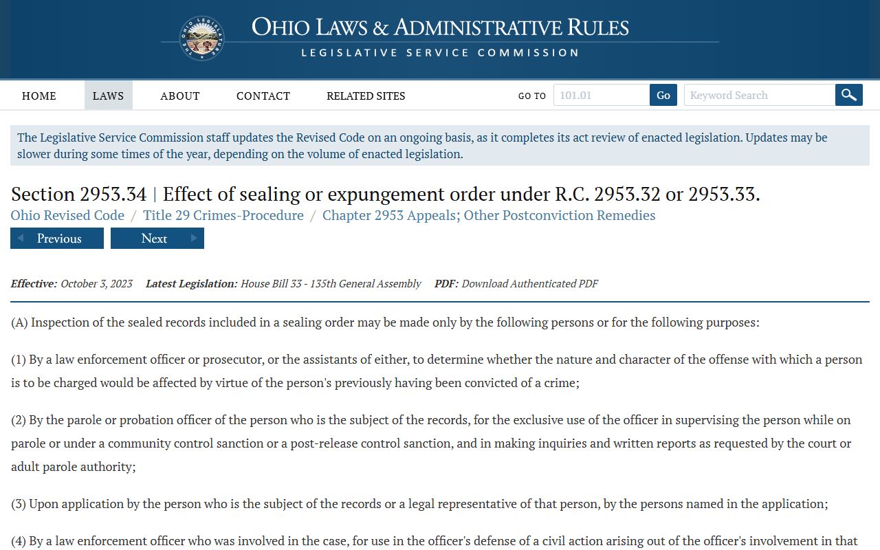 Ohio sealed record inspection statute relevant to Hamilton County arrest records and criminal records