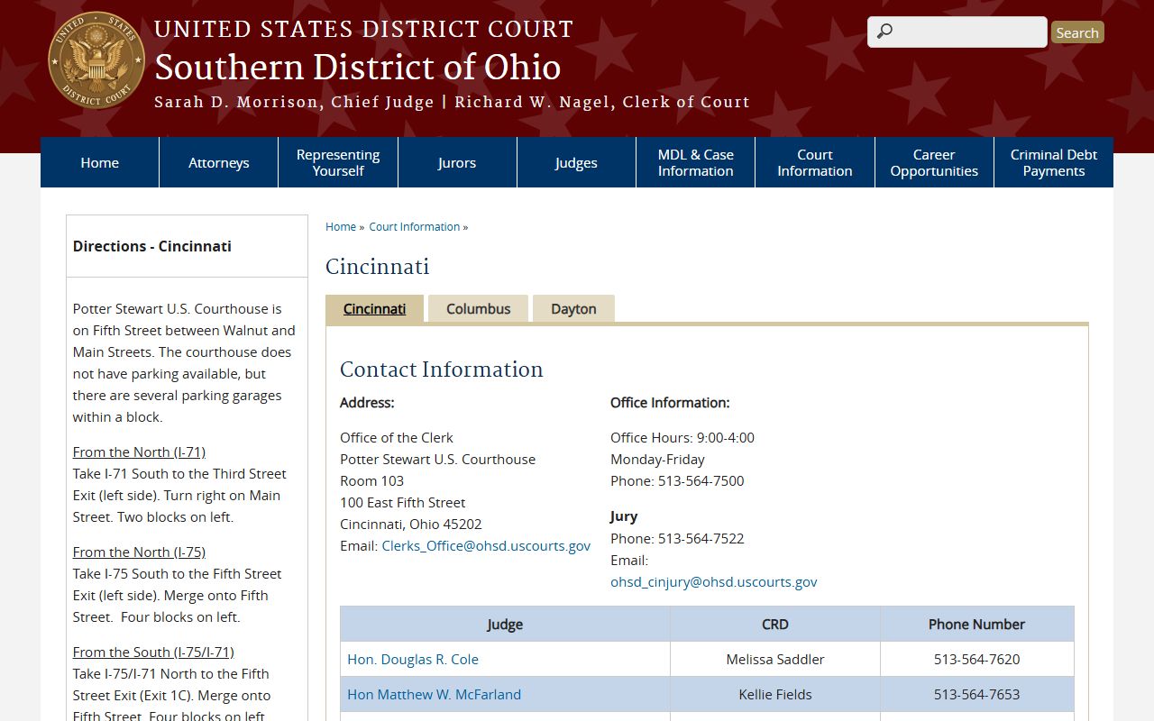 Hamilton County federal court - U.S. District Court Southern District of Ohio Cincinnati courthouse page