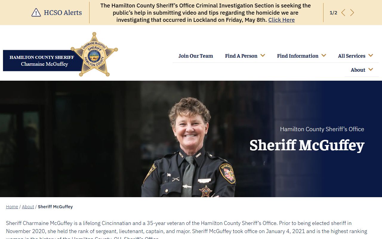 Hamilton County inmate population oversight: official biography of Sheriff Charmaine McGuffey on the HCSO website