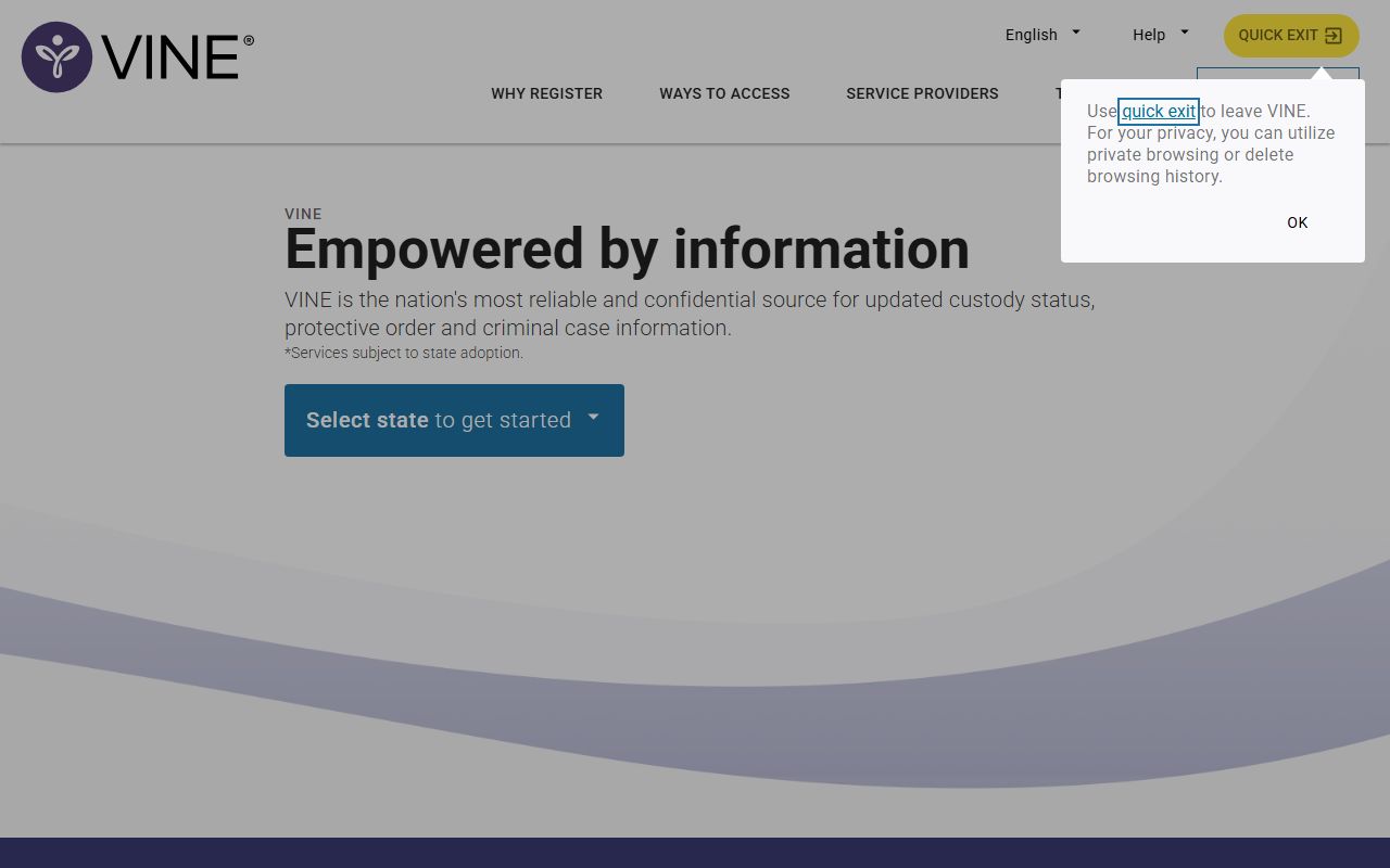 VINELink custody notification search page for Hamilton County inmate population status alerts