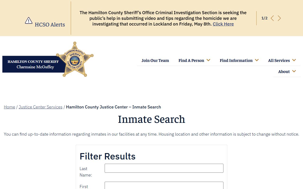 Hamilton County inmate search roster page at the Sheriff's Office website