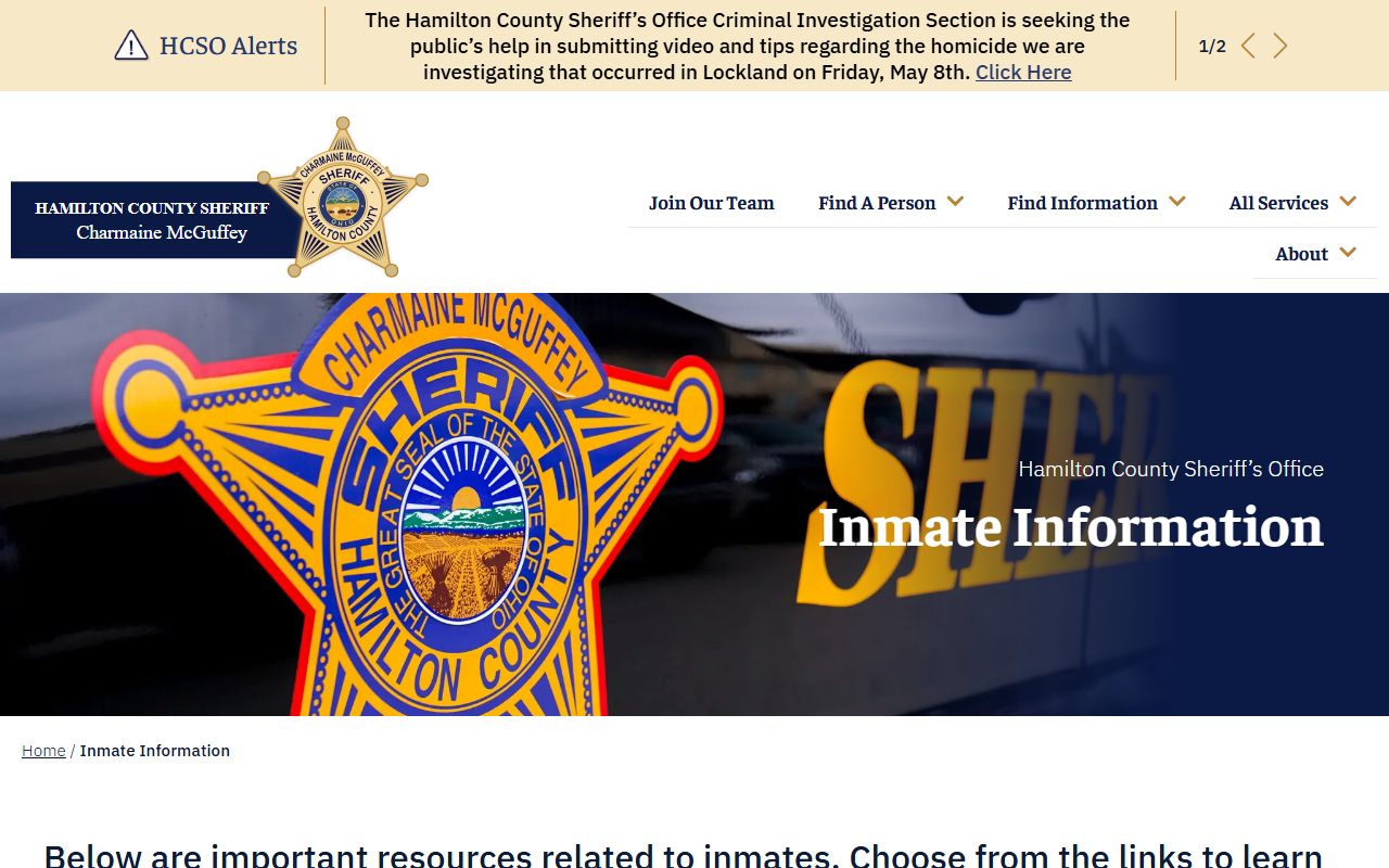Hamilton County inmate information hub page on the Sheriff's Office website