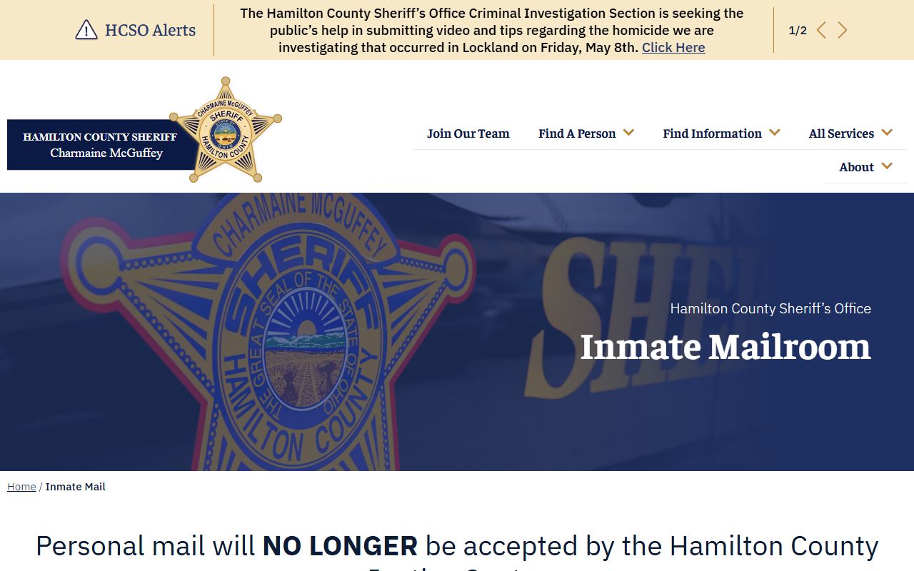 Hamilton County inmate mail rules page at the Sheriff's Office website