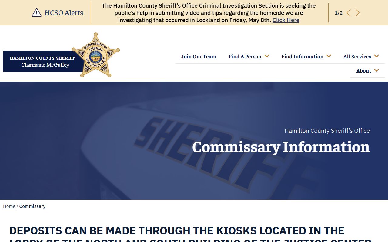 Hamilton County inmate commissary rules and deposit information at the Sheriff's Office website