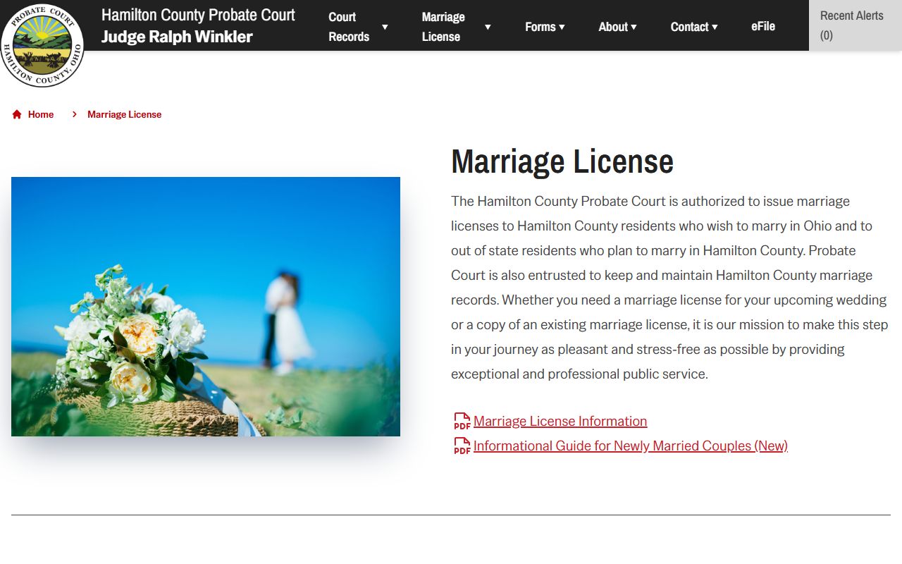 Hamilton County marriage license requirements page on the Probate Court website