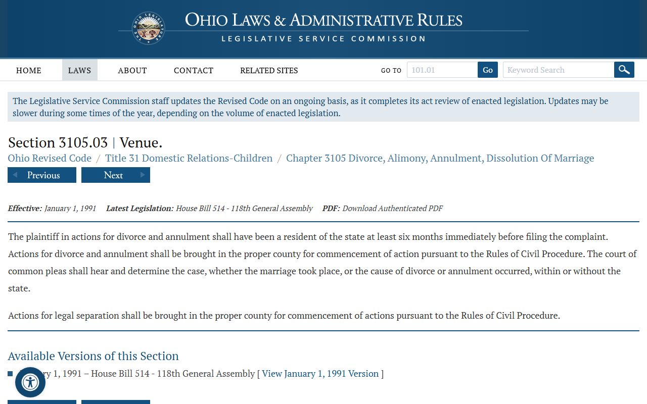 Ohio divorce records statute R.C. 3105.03 on the official Ohio Legislature website showing Hamilton County jurisdiction rules