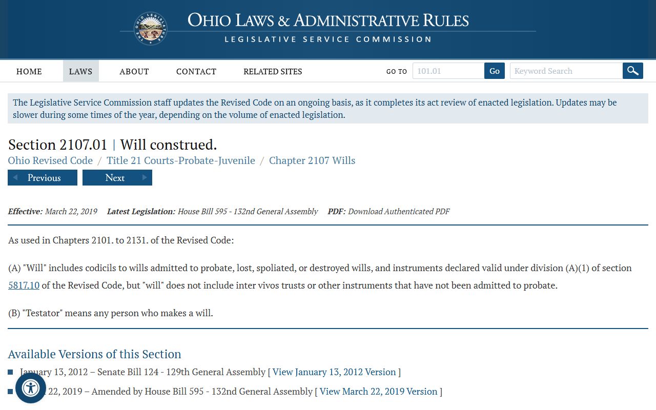 Ohio wills chapter statute page showing Hamilton County probate records legal framework