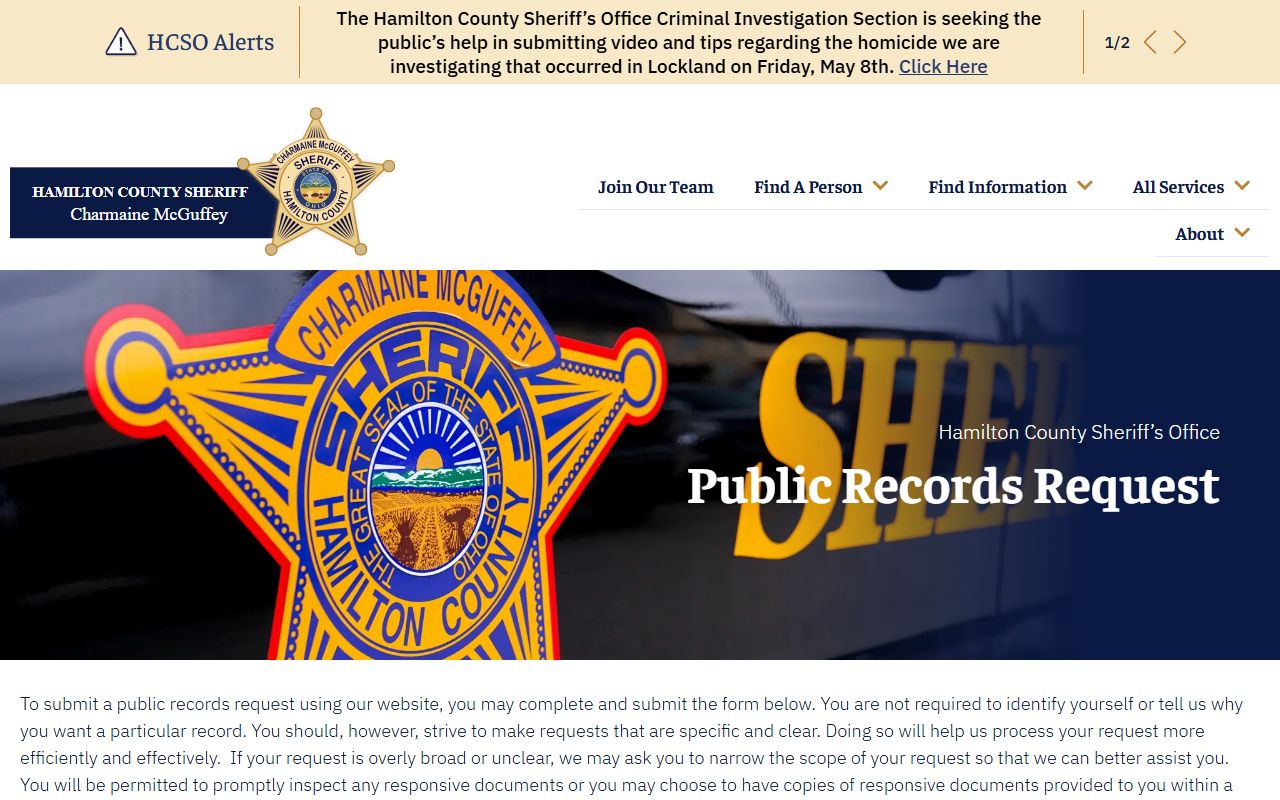 Hamilton County public records request form at the Hamilton County Sheriff's Office website