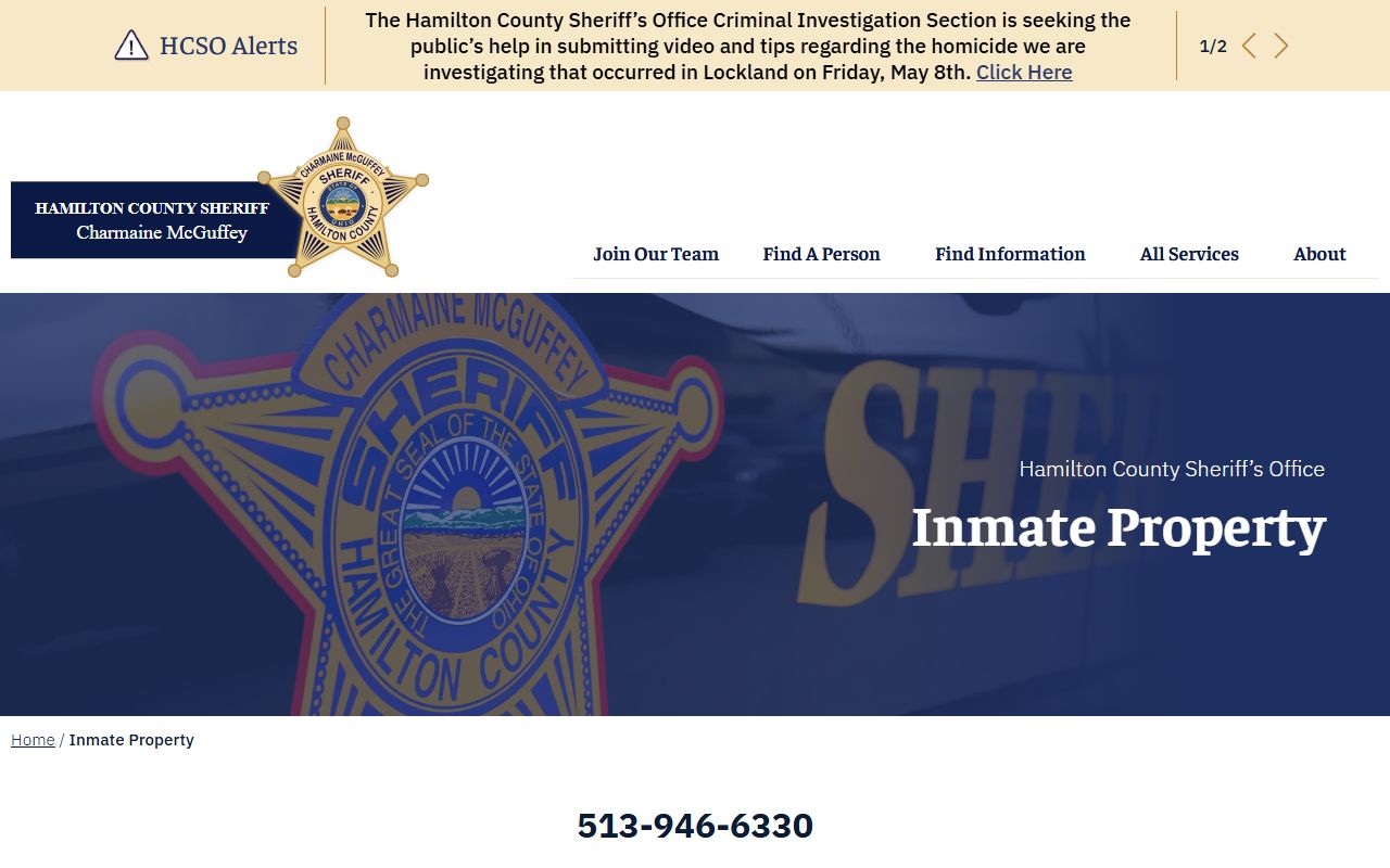 Hamilton County released inmates property pickup page at the Sheriff's Office