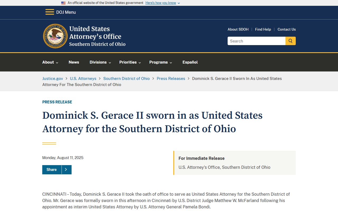 Hamilton County warrant records and DOJ release naming US Attorney Dominick Gerace Southern District Ohio